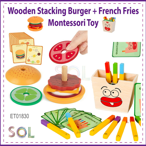 Wooden Burger Stacking Toys and French Fries Matching Games Montessori Toy 